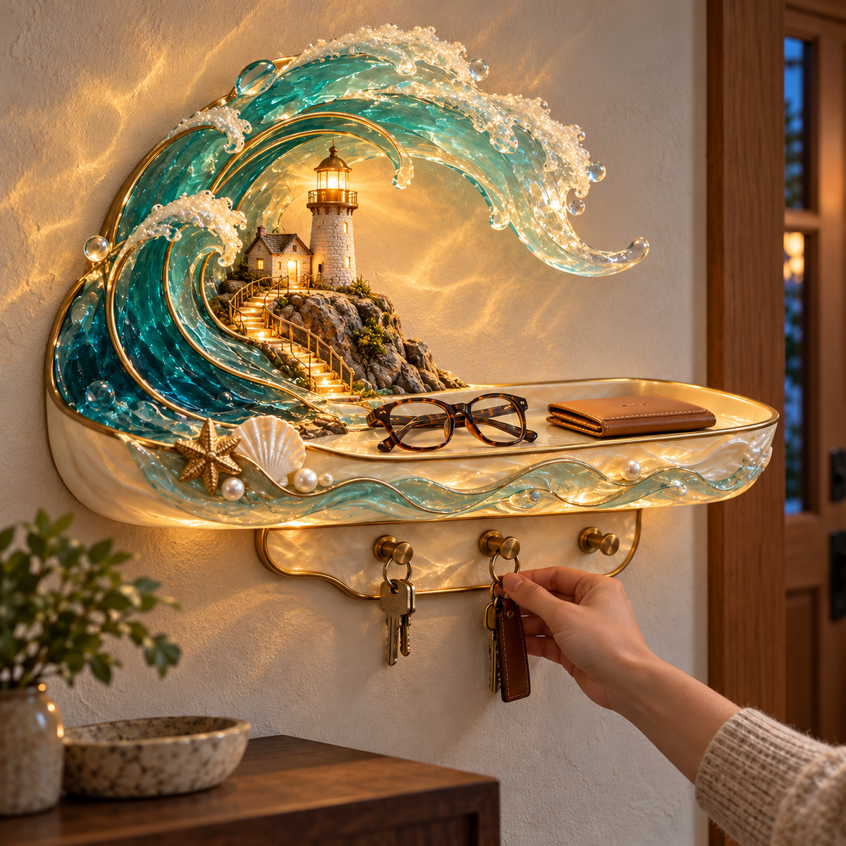 ๐ Coastal Glow Lighthouse Wall Shelf โ โจ Lighted Ocean Wave Decor with Storage Tray & Key Hooks