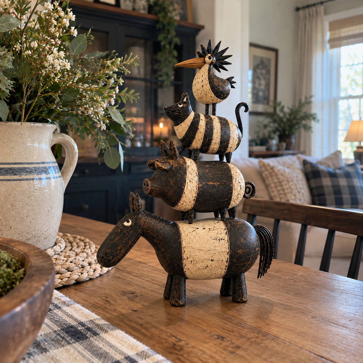 Four Friends Folk Art Stack™ – Rustic Stacked Animal Sculpture for Farmhouse Home Decor