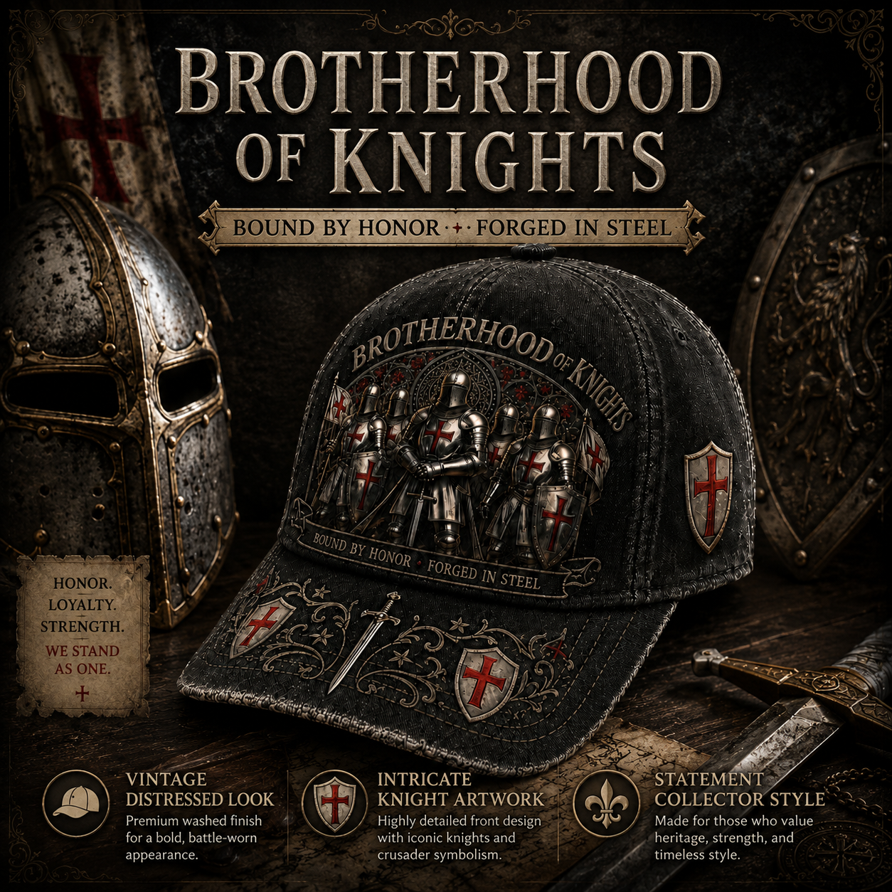 ⚔️ Bound By Honor Forged In Steel – Knights Templar Cap 🎁 Free Honor Coin With Every Cap Purchase
