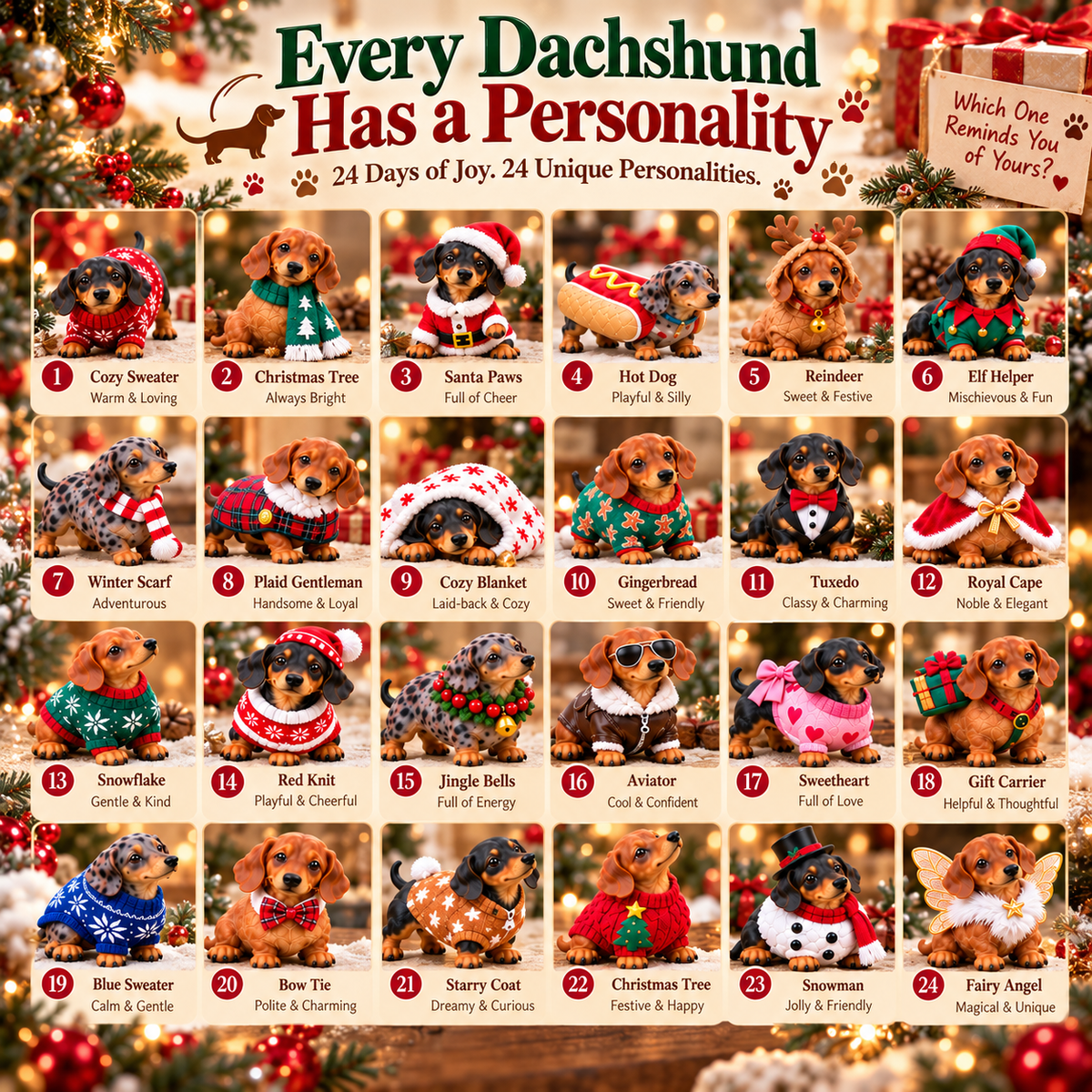 π 24 Days of Dachshund Joyβ’ β Christmas Advent Calendar with 24 Collectible Dachshund Figurines