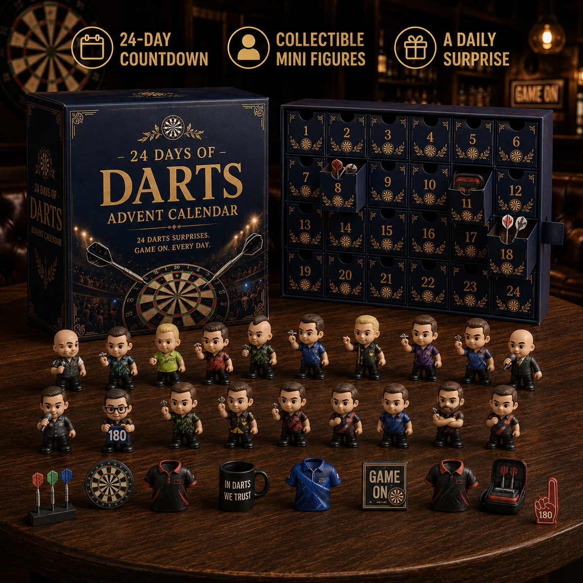 CHRISTMAS KICKOFF 49% OFF - 2026 Days of Darts Blind Box - 24-Day Festive Countdown, Darts Themed Collectible Miniatures Blind Box - Gift For Darts Fans