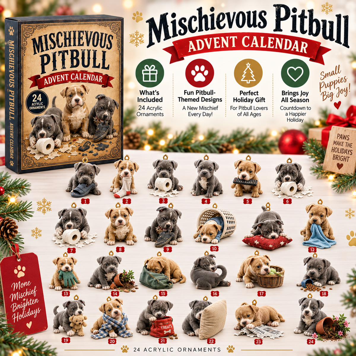 CHRISTMAS KICKOFF 49% OFF - Mischievous Pitbull Advent Calendar 2026 - 24-Day Festive Countdown, Acrylic Charms Blind Box - Gift For Pitbull Lovers
