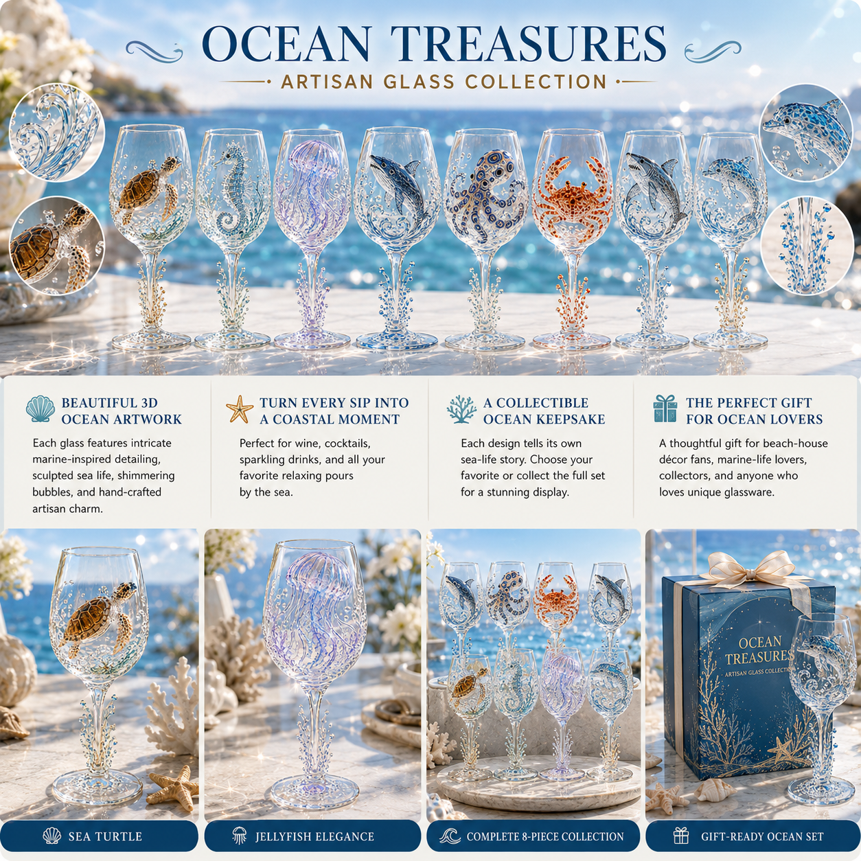 šOcean Treasures Handcrafted 3D Sea Life Wine Glass Collection