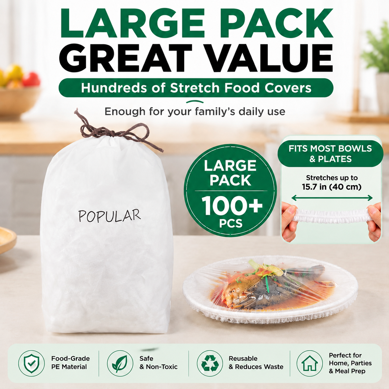 100PCS Disposable Stretch Food Covers for Bowls & Plates, Elastic Bowl Covers, Plastic Wrap Alternative for Leftovers, Fruits, Vegetables & Kitchen Food Storage