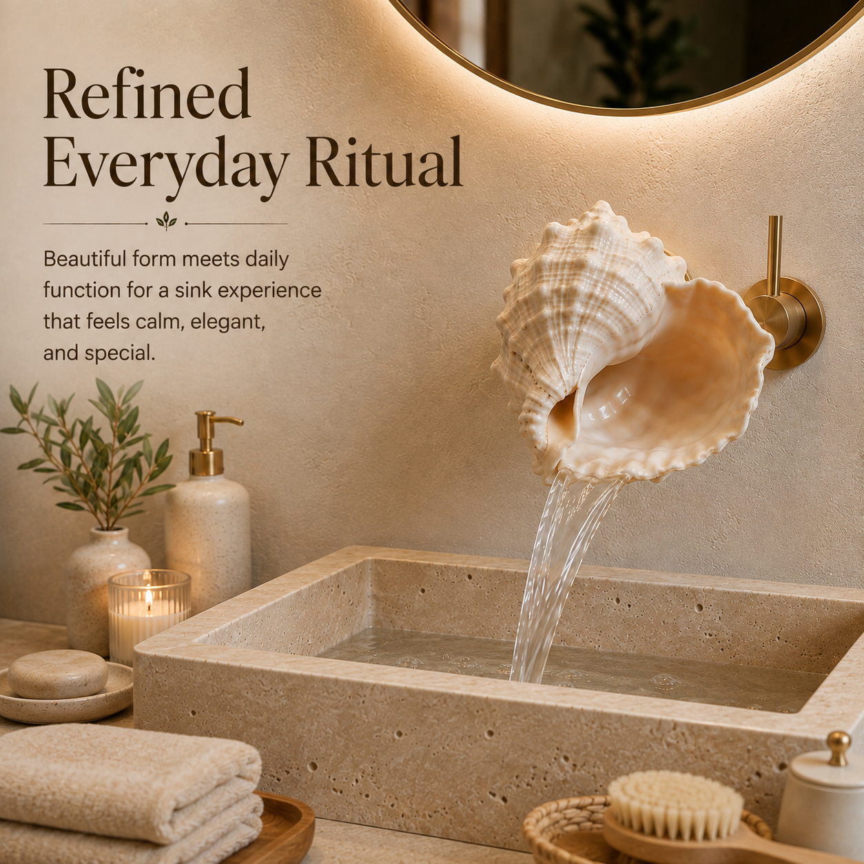 ๐ Coastal Seashell Waterfall Faucet โ Sculptural Wall-Mounted Bathroom Fixture
