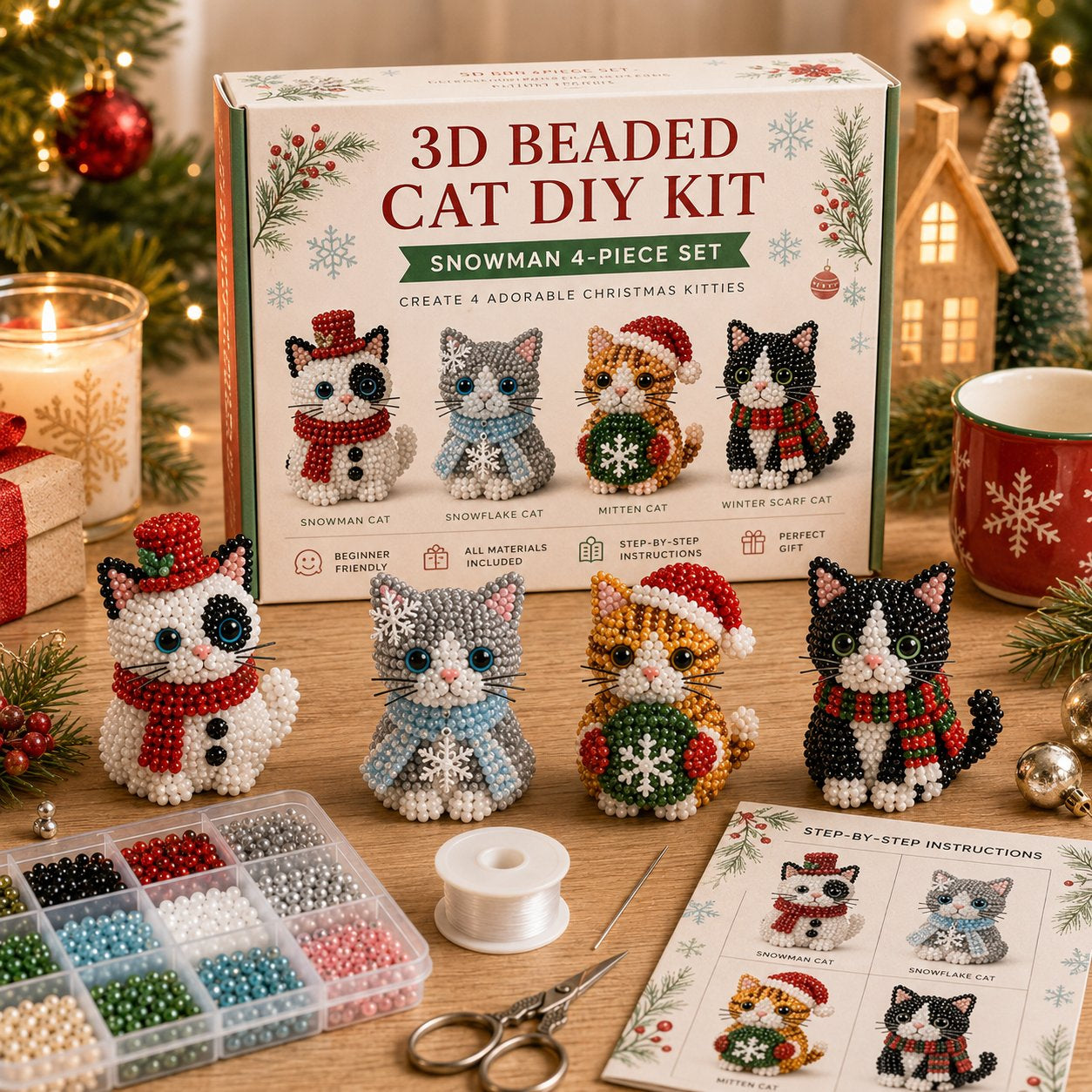 🐱🎄 Premium 3D Beaded Christmas Cats DIY Kit | Luxury Flocked Canvas with Scratch-Resistant Non-Fading Pearl Beads DIY Holiday Decor & Step-by-Step Guide ✨