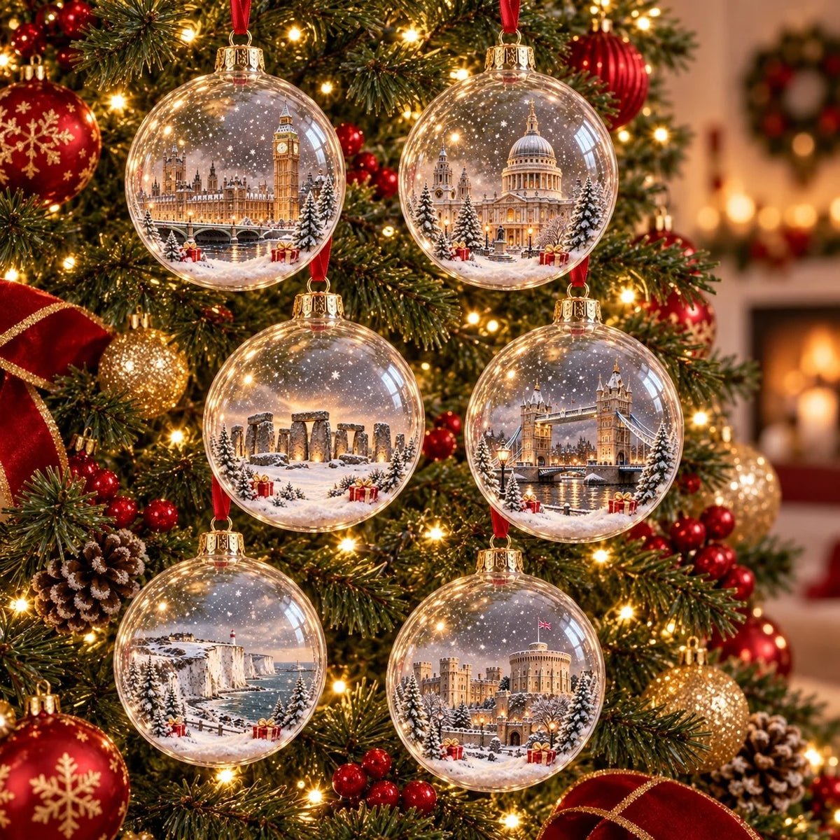 ✨🏰 2026 Famous British Architecture Christmas Snow Globe Ornament Set