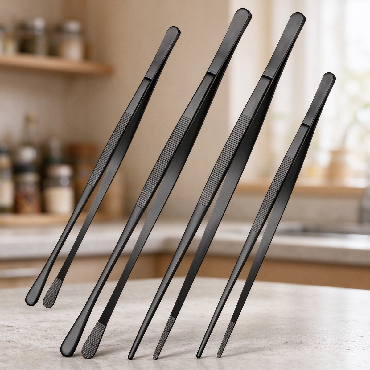 🍳4-Piece Stainless Steel Kitchen Tweezer Set – 10″ & 12″ Cooking and Plating Tongs