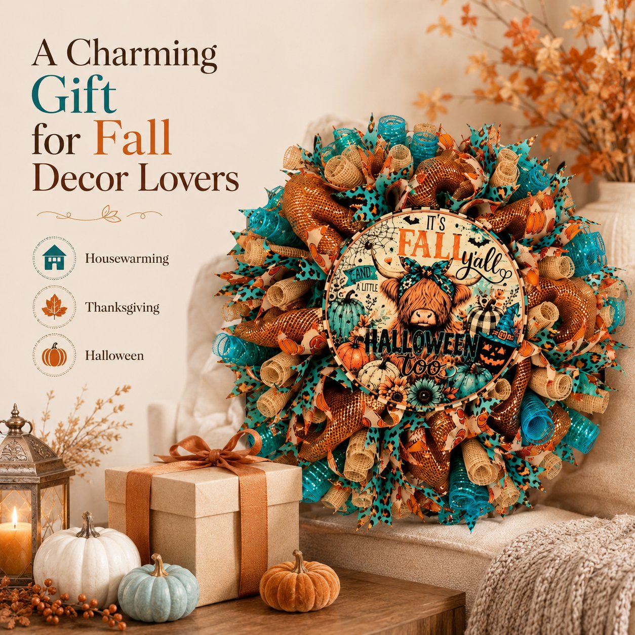 🐮🍂 Highland Cow Fall Halloween Wreath – Cozy Autumn Front Door Decor with Teal & Orange Buffalo Plaid Design for Thanksgiving, Harvest & Spooky Season 🚪🎁