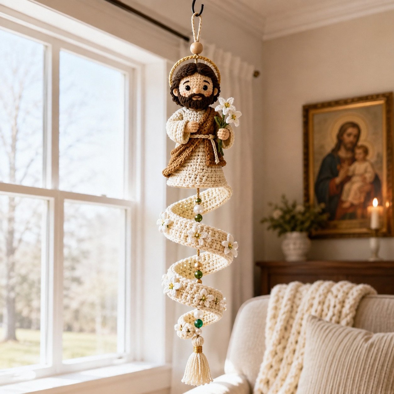 🙏 Handcrafted Crochet Blessed Mother Devotional Spiral Hanging Ornament | Soft Textured Yarn, Plush Filling, Decorative Beads, Golden Cross & Floral Tassel Details 💙✨