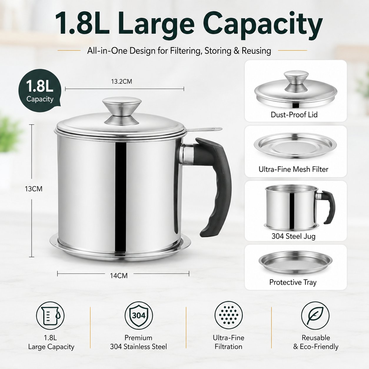 π³ Premium 304 Stainless Steel Oil Strainer & Storage Jug