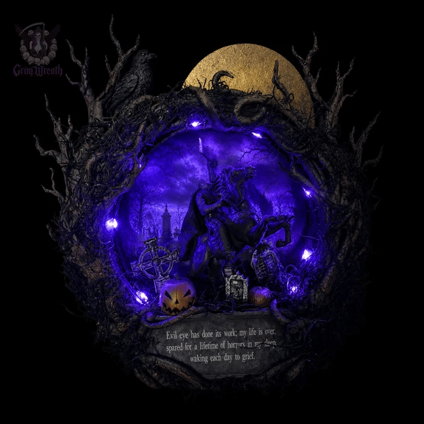🦇Gothic Handcrafted Headless Horseman Mini Wreath With LED Purple Lights🎃