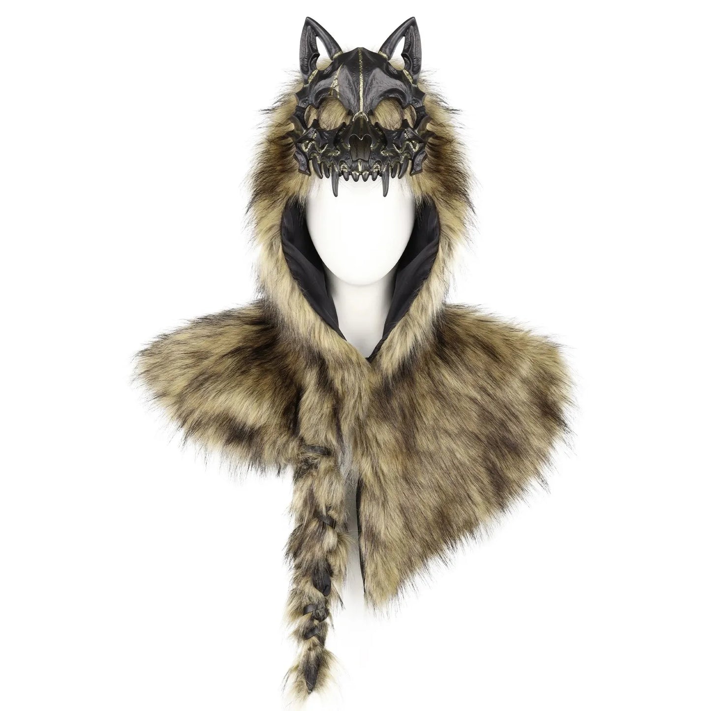 ๐บ Viking Wolf Skull Faux Fur Hooded Cape โ Halloween Cosplay Costume