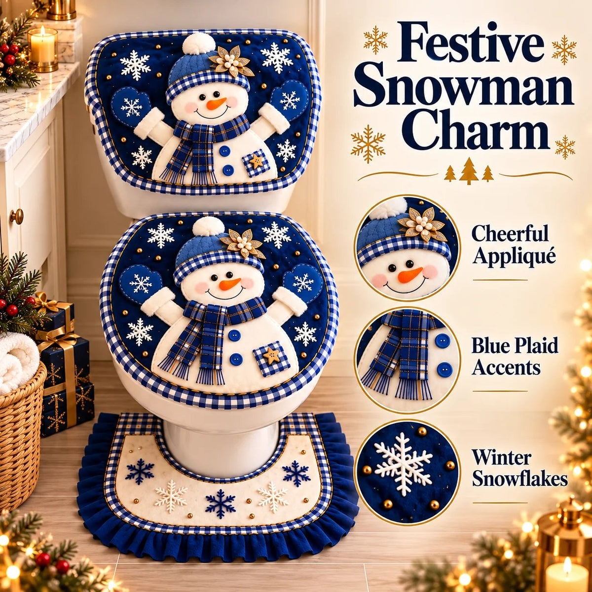🎉3-Piece Christmas Snowman Toilet Cover Set – Cozy Winter Bathroom Decor