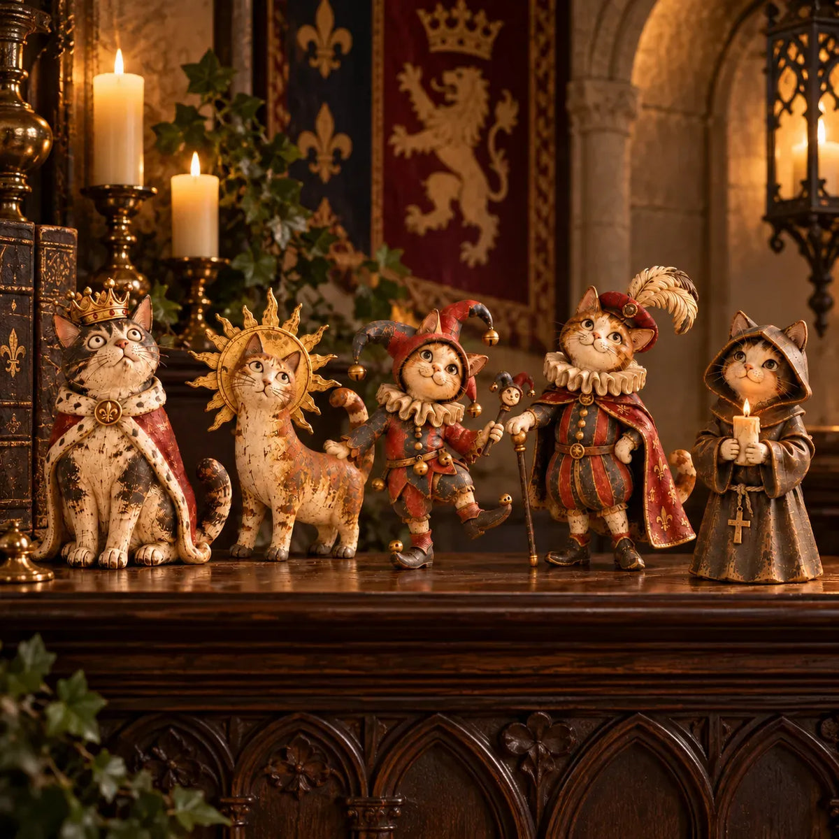 π Medieval Cat Court Figurines | 5 Vintage-Inspired Royal Characters for Shelves, Mantels & Cat Collectors π