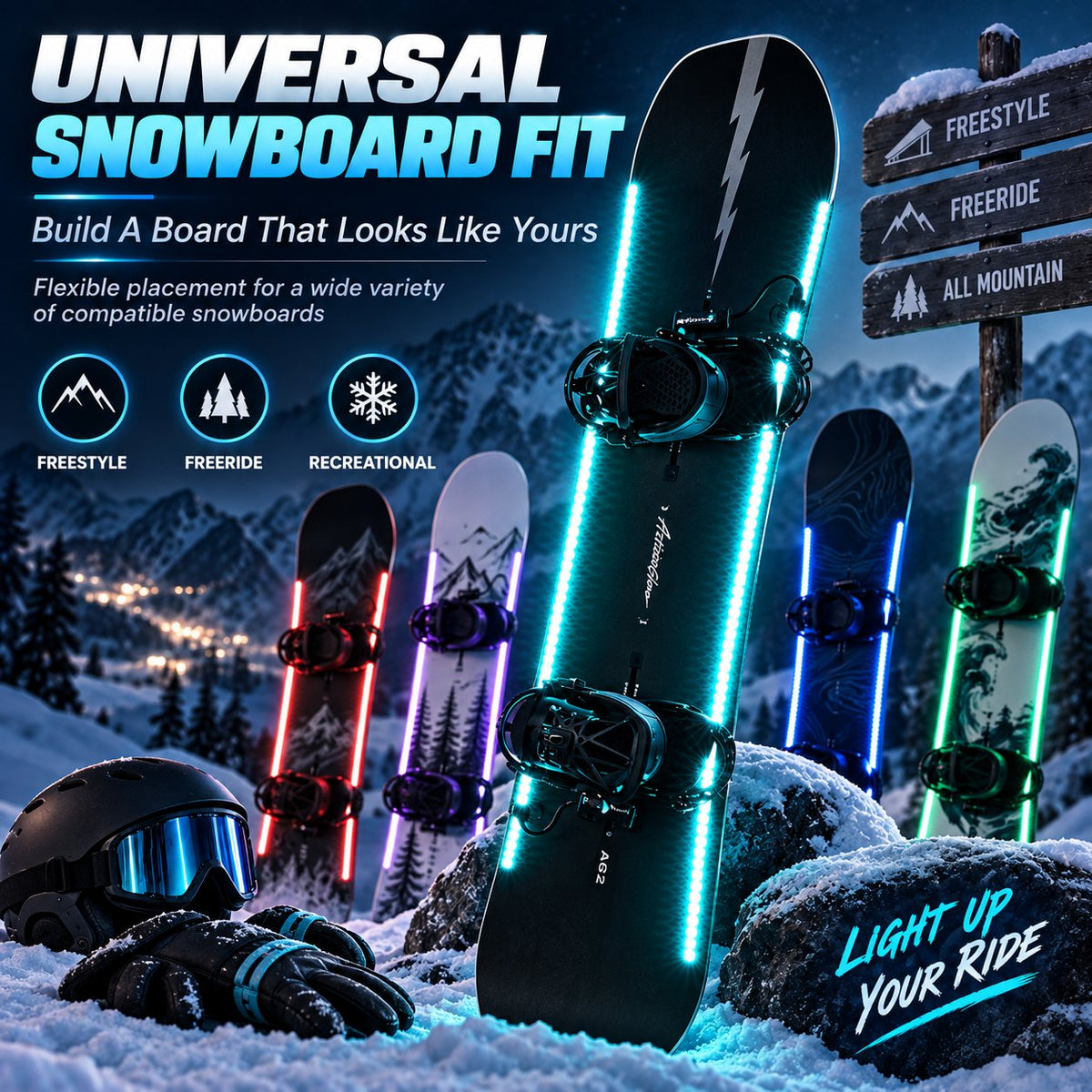 Waterproof LED Snowboard Lights – 7-Color Underglow Kit with 3 Brightness Levels & Easy 5-Minute Install