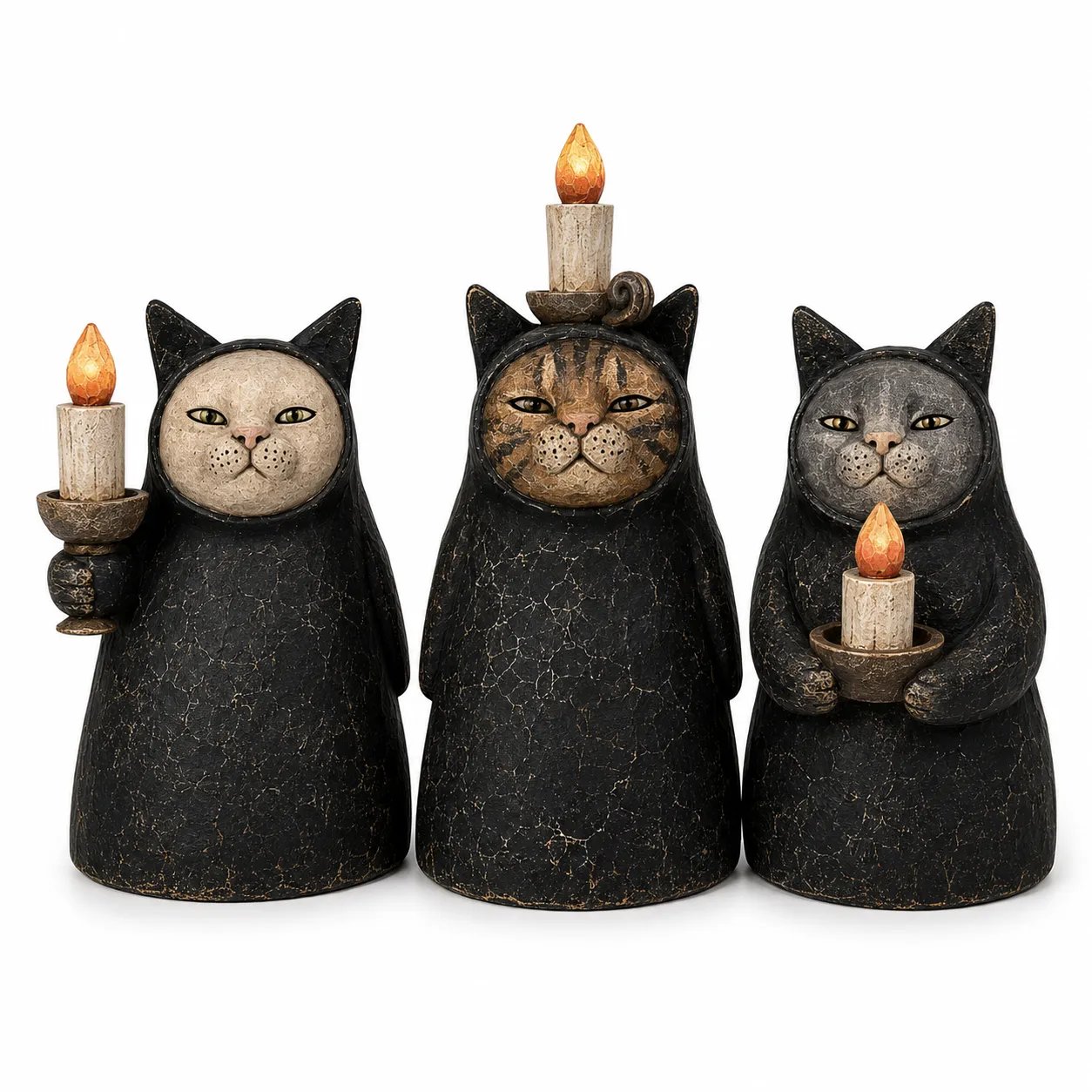 3-Piece Mysterious Hooded Cat Candlelight Figurine