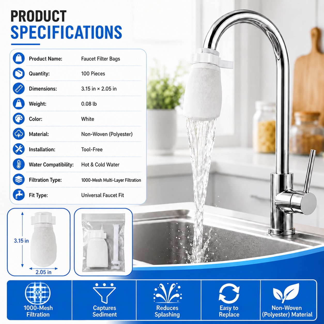 🚰 100 Pack Faucet Filter Bags – Cleaner Water, Less Splash, No Tools Needed