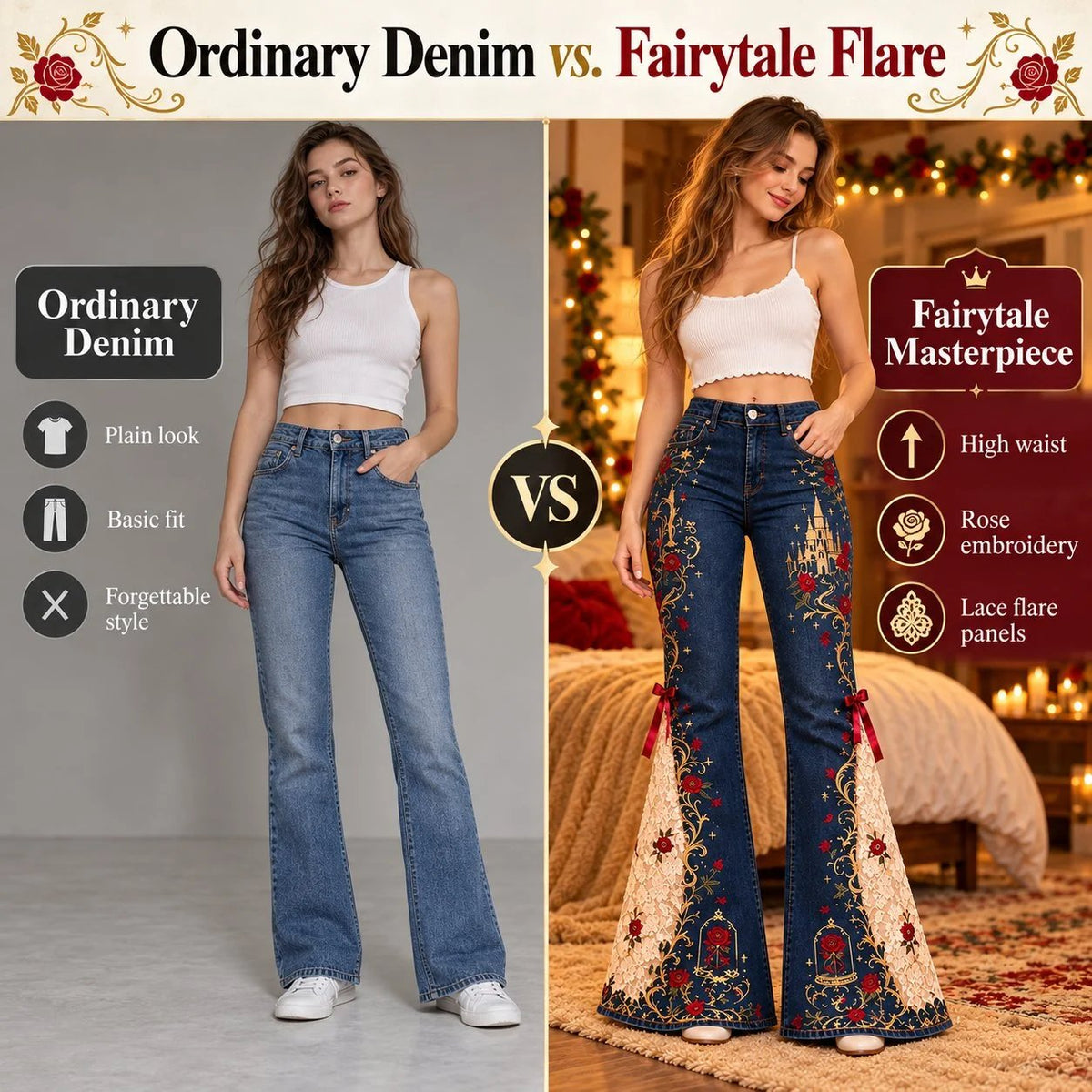 ⏳ Last Day 49% OFF – 🌹 Vintage Embroidered Flare Jeans | High-Rise Stretch Denim with Lace Panels & Floral Details ✨