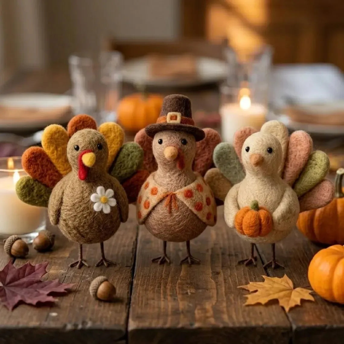 🦃 Handmade Needle-Felted Turkey Figurines – 3-Design Collection