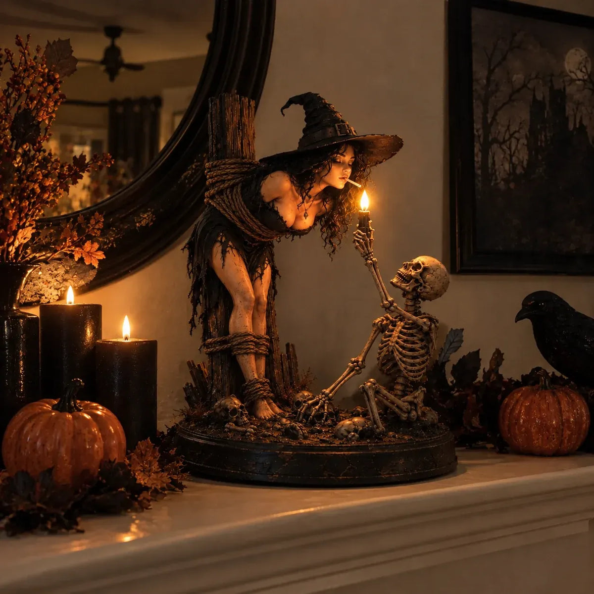 β³ Last Day 49% OFF β π€ Light-Up Witch & Skeleton Gothic Figurine | Dark Halloween Tabletop Scene with Glowing Flame Detail π₯