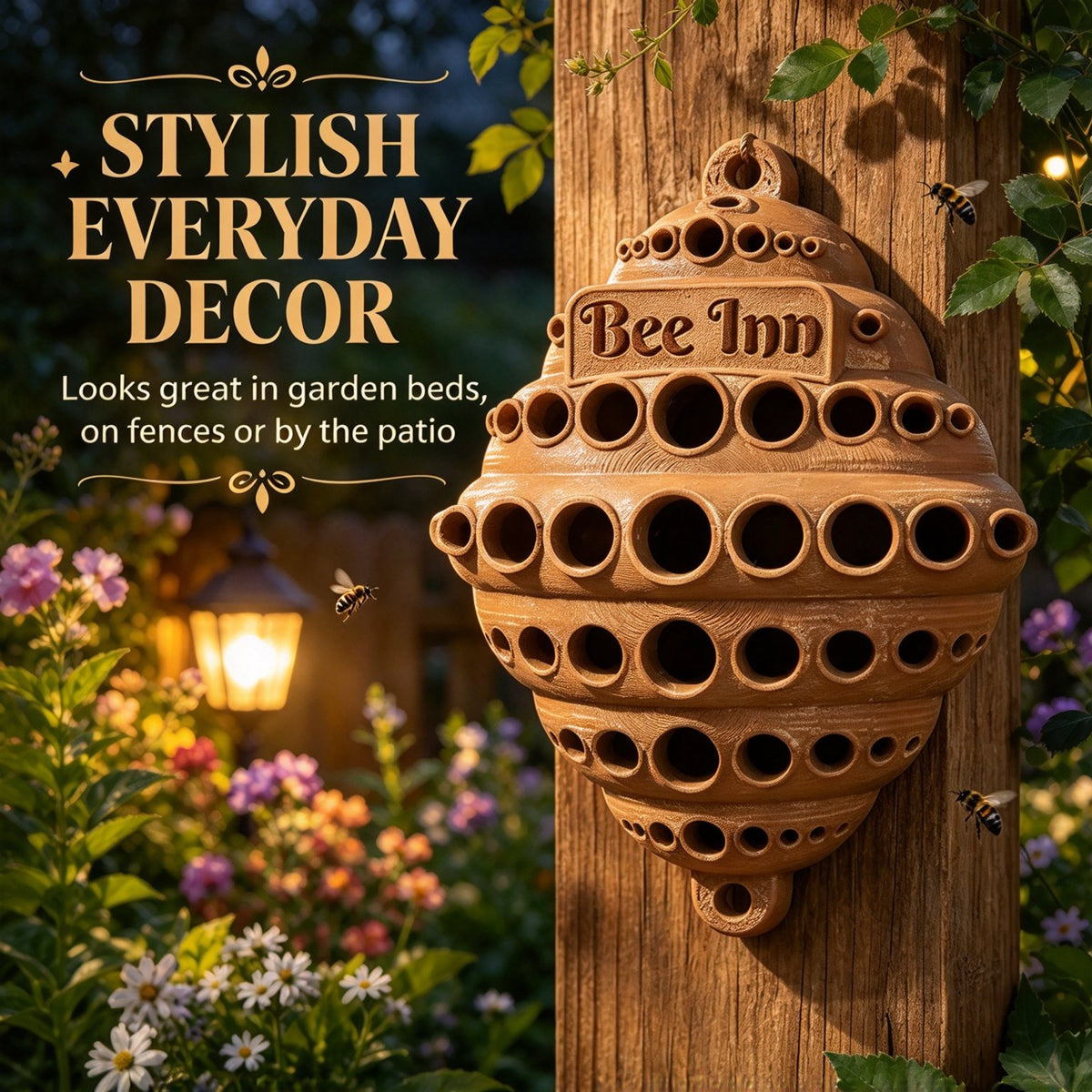 🐝 Bee Inn Hanging Bee Hotel | Rustic Solitary Bee House Pollinator Nesting Shelter for Garden Decor