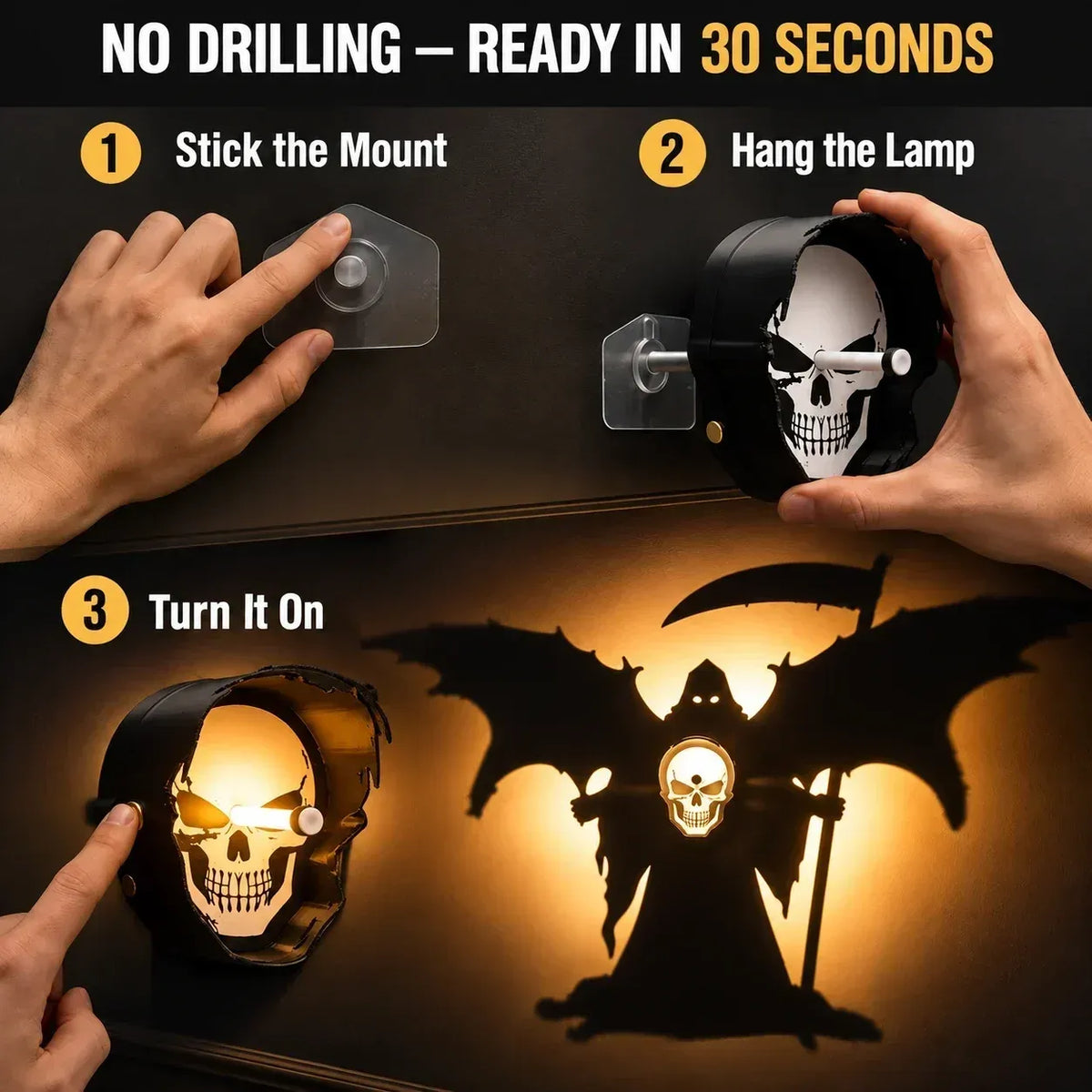 💀 Grim Reaper Shadow Projection Wall Light – No-Drill Halloween Decor