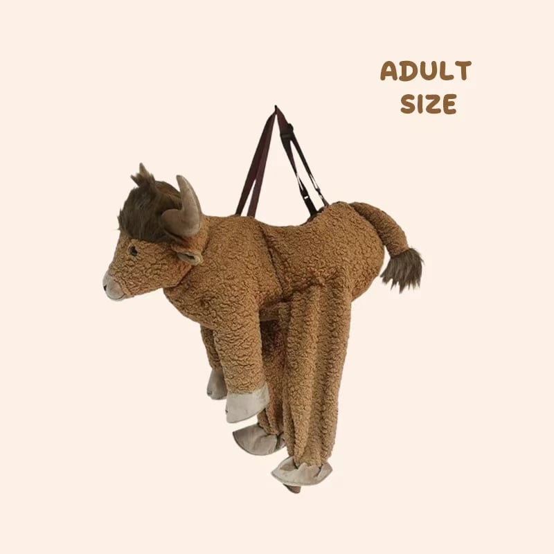 ๐ฅ๐Ride-On Highland Cow Outfit โ Humorous Plush Animal Costume