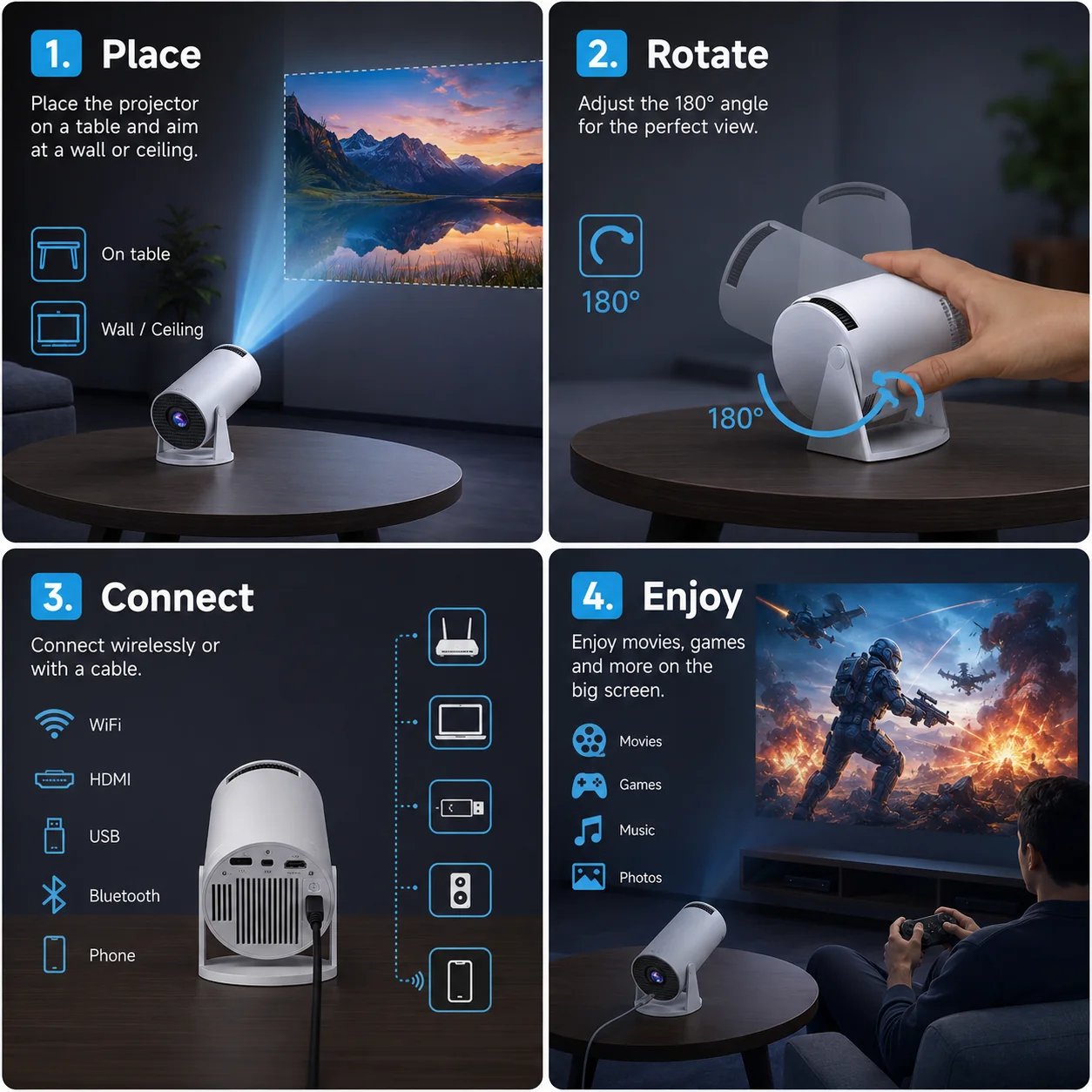 🔥Limited-Time Sale | Portable 4K Mini Projector – WiFi 6, Bluetooth 5.2 & 180° Rotation