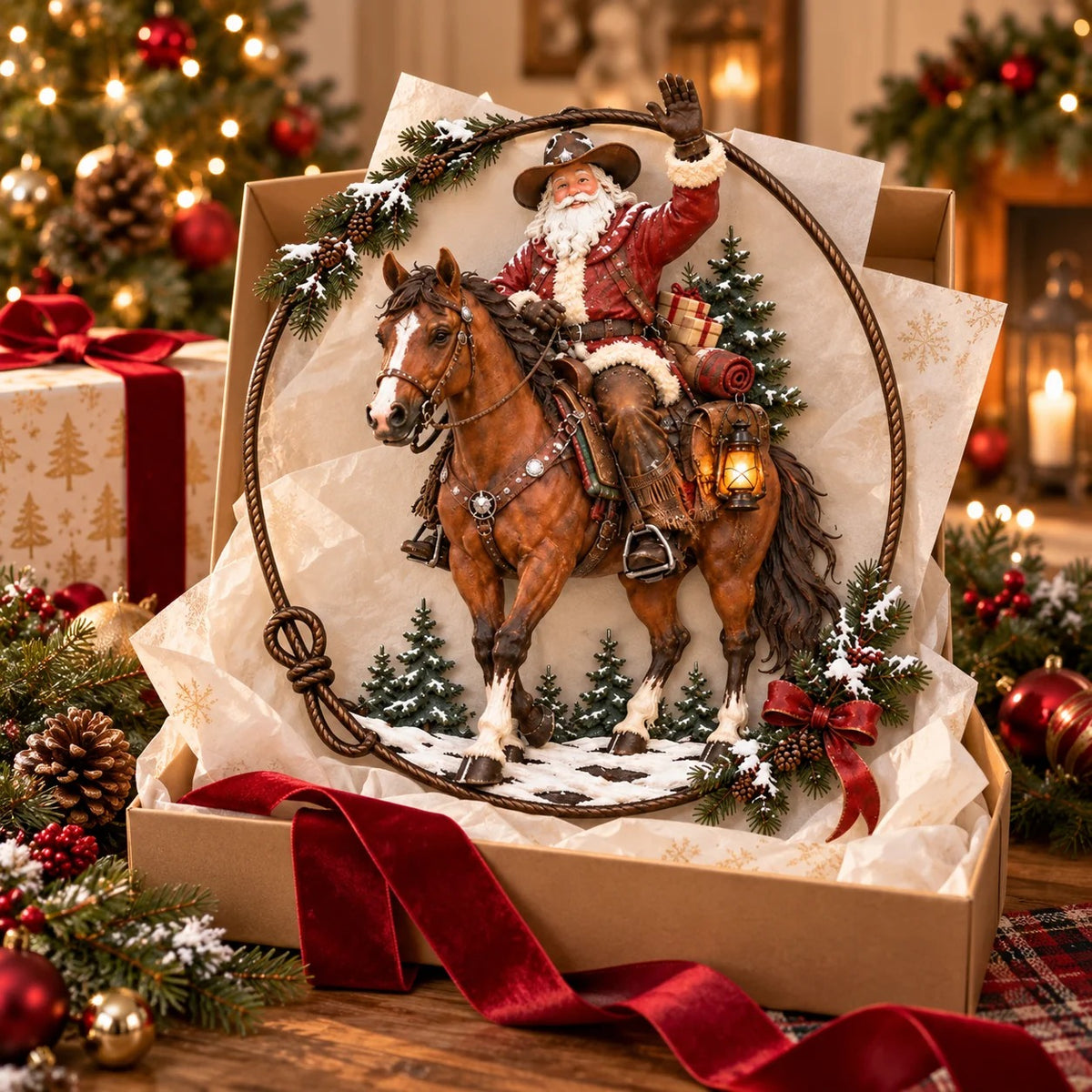 π€ π Cowboy Santa Ranch Christmas Wall Art β Rustic Horse & Lasso Holiday Accent