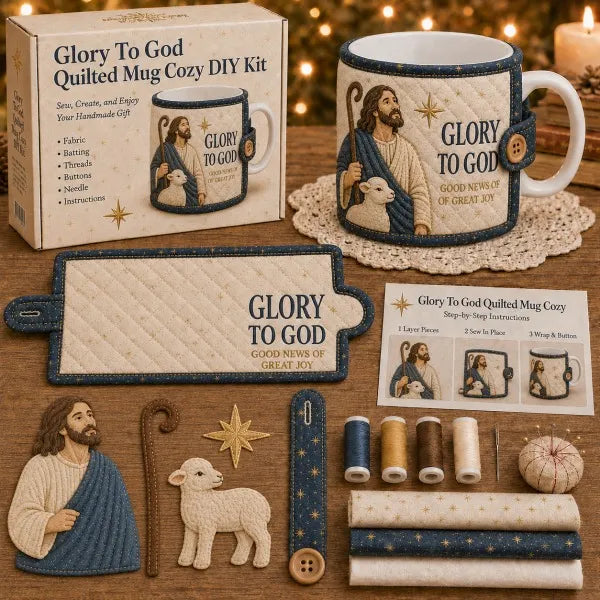 ✝️ Beginner-Friendly Christmas Faith Mug Cozy Sewing Kit | 6 Christian-Inspired Designs with Fabric Pieces, Batting, Appliqué, Thread, Buttons, Needle & Step-by-Step Guide Included 💕