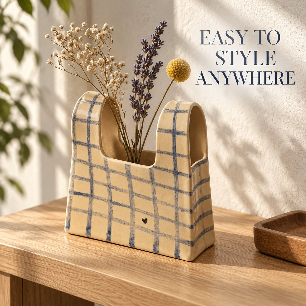 🌼 Handmade Checkered Ceramic Bag Vase