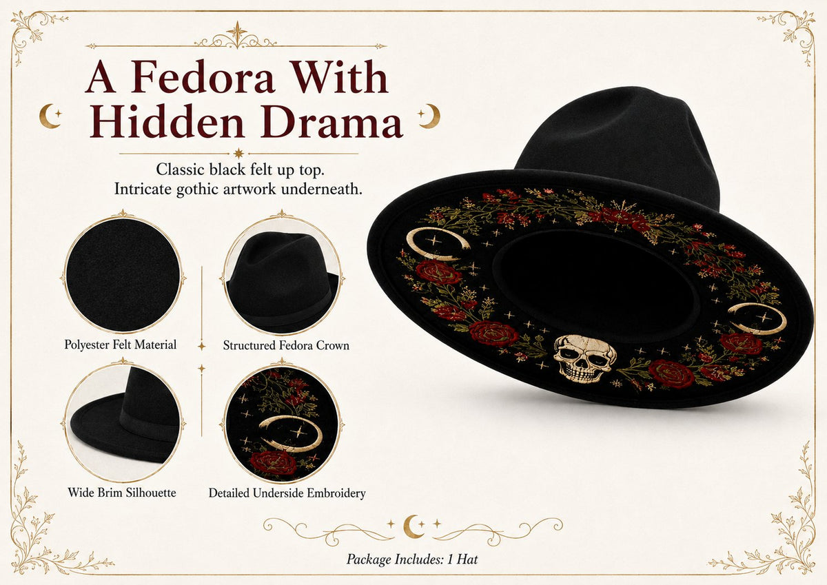 π€ Gothic Embroidered Wide Brim Fedora Hat | Black Felt Design with Detailed Underside Embroidery in 7 Witchy, Celestial & Halloween Styles π