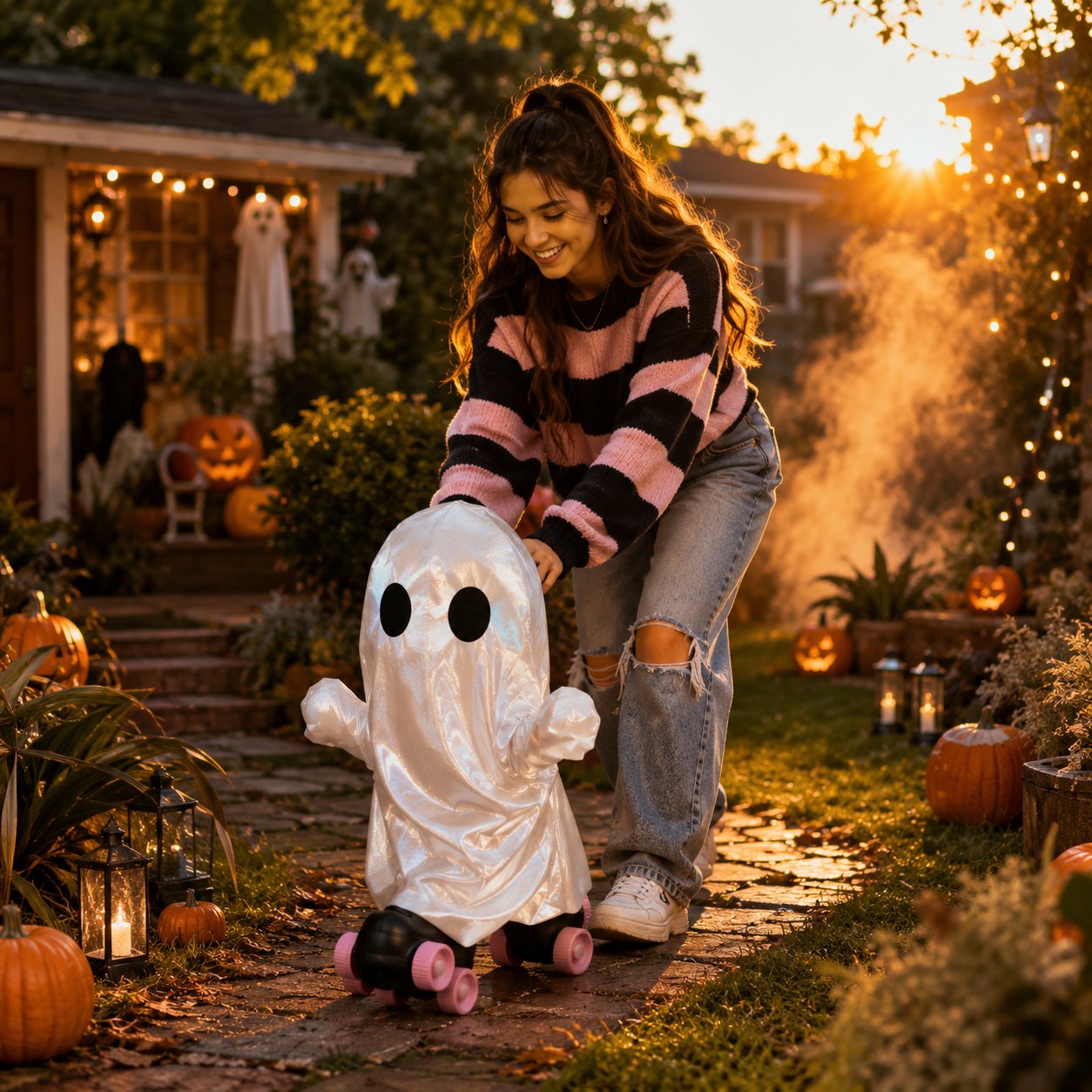 Retro Roller Skate Pearl Ghost Statue, Sweet & Edgy Decor for Seasonal Display