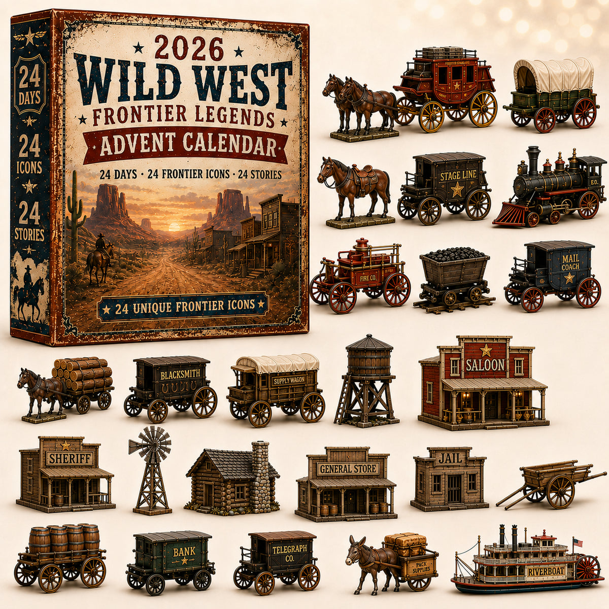 2026 Wild West Frontier Legends Advent Calendar – 24 Days of Old West Miniature Collectibles, Western Christmas Countdown Gift for History & Cowboy Fans