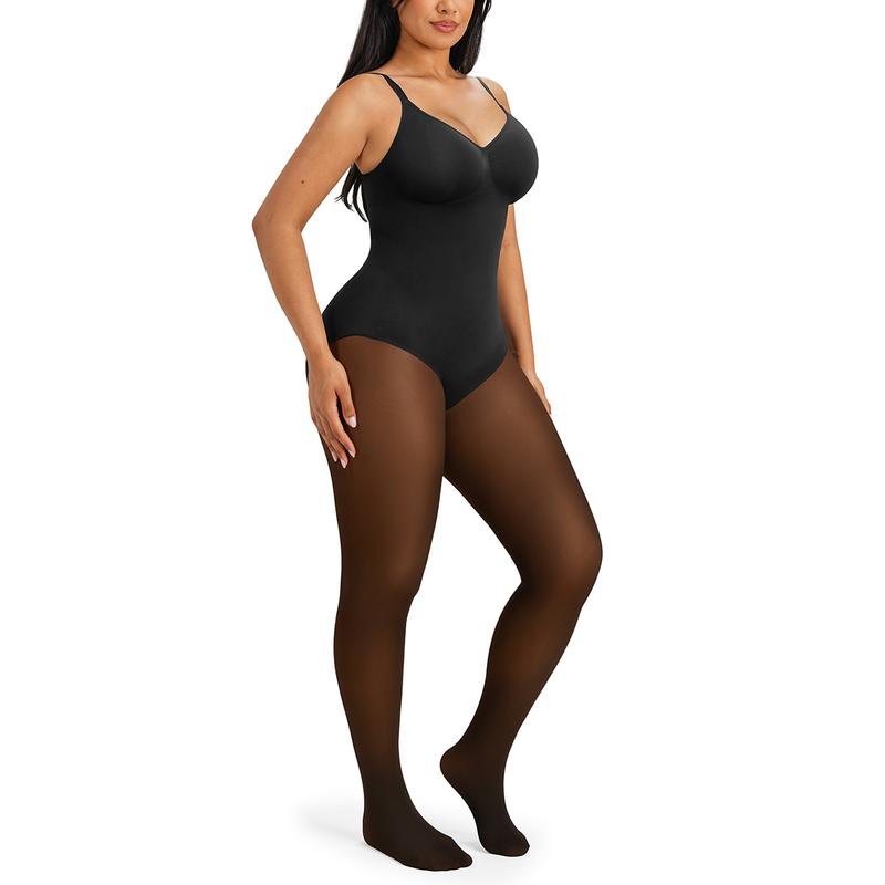 Women's Sheer-Panel Fleece-Lined Tights Bodysuit π€