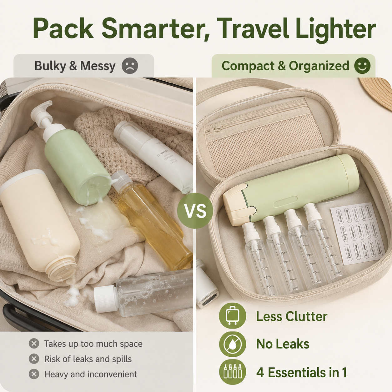 ✈️ 4‑in‑1 Leakproof Travel Bottles, 360° Rotary Toiletry Organizer 🧴