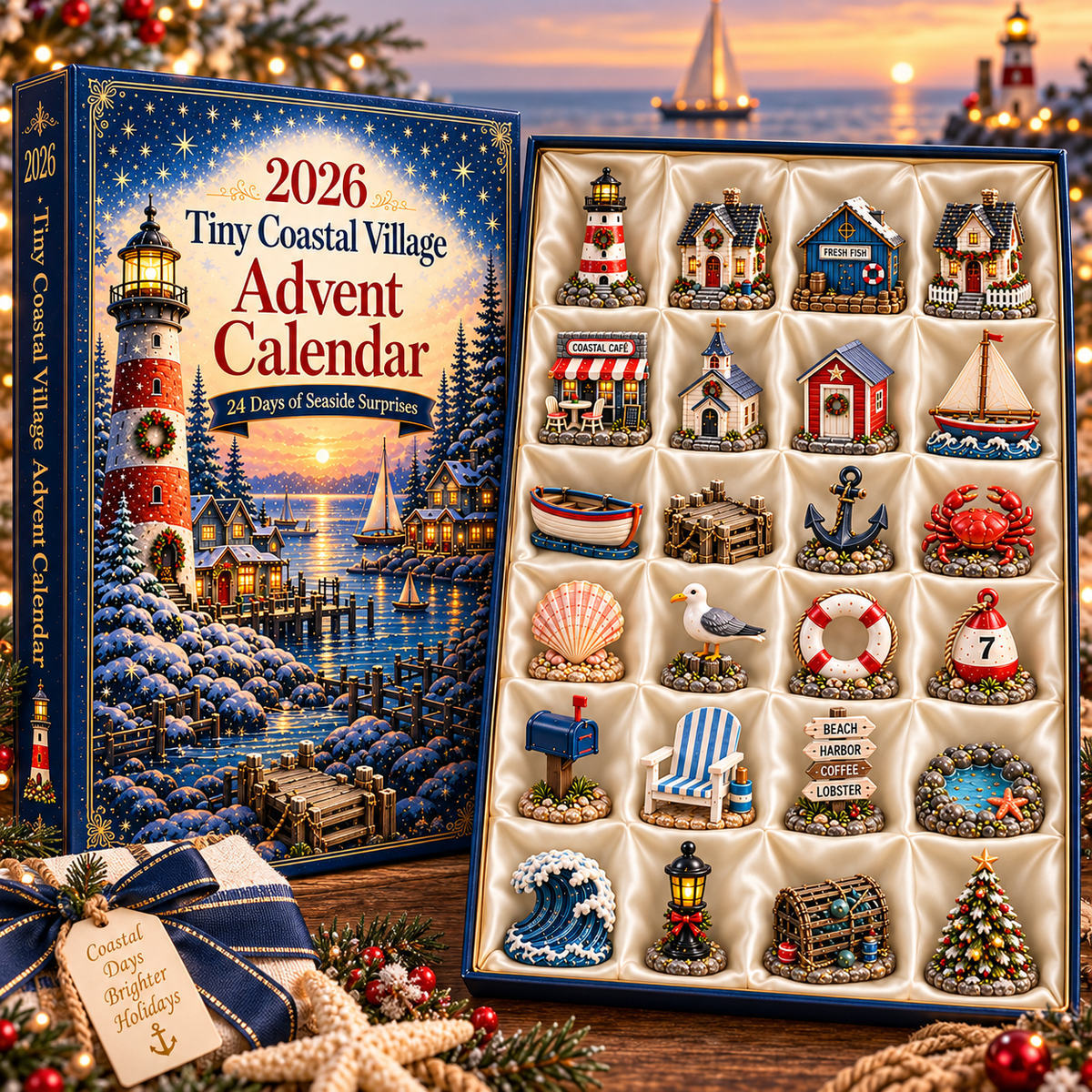 Tiny Coastal Village Advent Calendar 2026 – 24 Days of Seaside Surprises with 24 Unique Collectible Miniatures, Lighthouse & Harbor Christmas Gift for Coastal Lovers