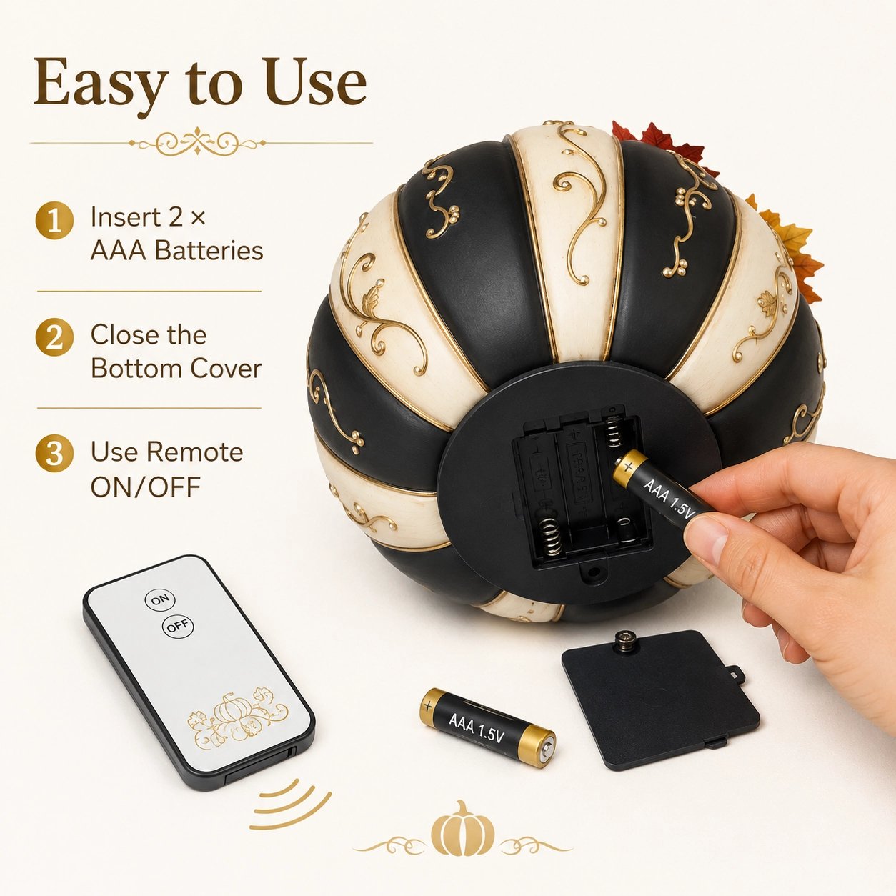 Lighted Black & Ivory Pumpkin Decor with Remote