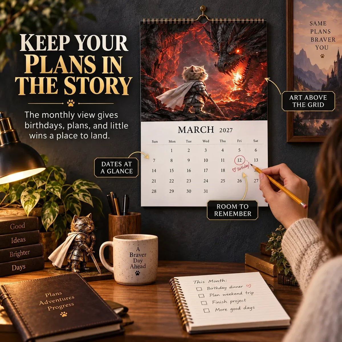 🐱 2027 Knight Cat vs. The Dragon Wall Calendar | 12 Fantasy Scenes