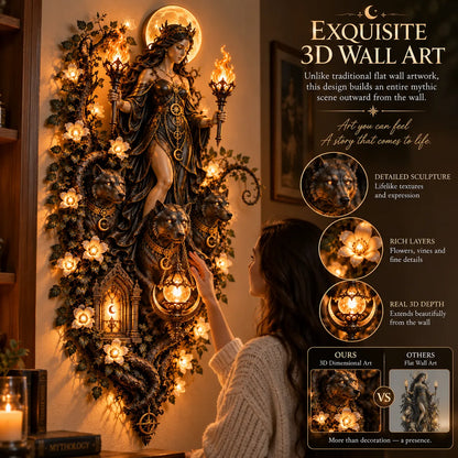 🌕🔥 Hecate’s Guiding Light Wall Décor | Moon Goddess 3D Wall Art with Twin Torches & Guardian Hounds