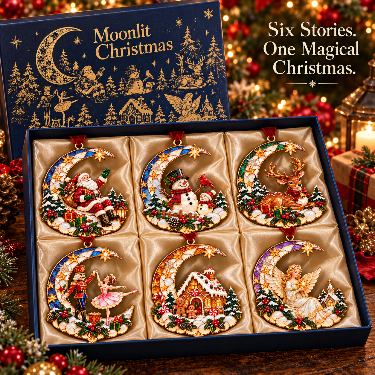 Moonlit Christmas six-piece ornament collection presentation