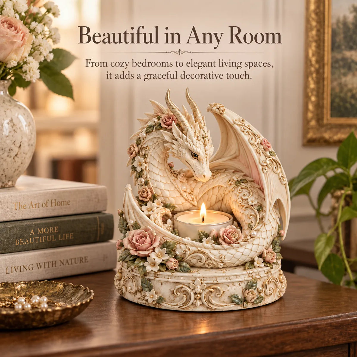 🐉 Floral White Dragon Tea Light Candle Holder