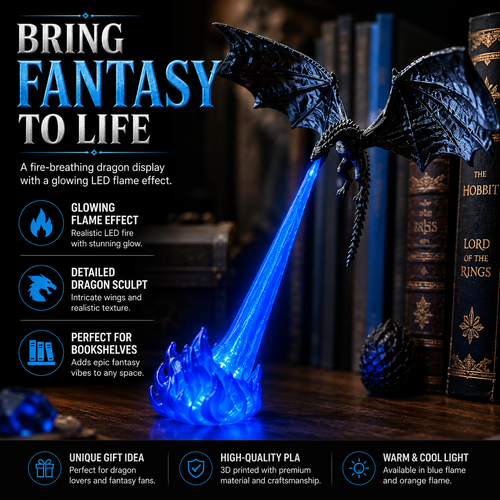 🔥  🐉| 3D Fire-Breathing Dragon LED Display – Fantasy Bookshelf Decor with Glowing Flame