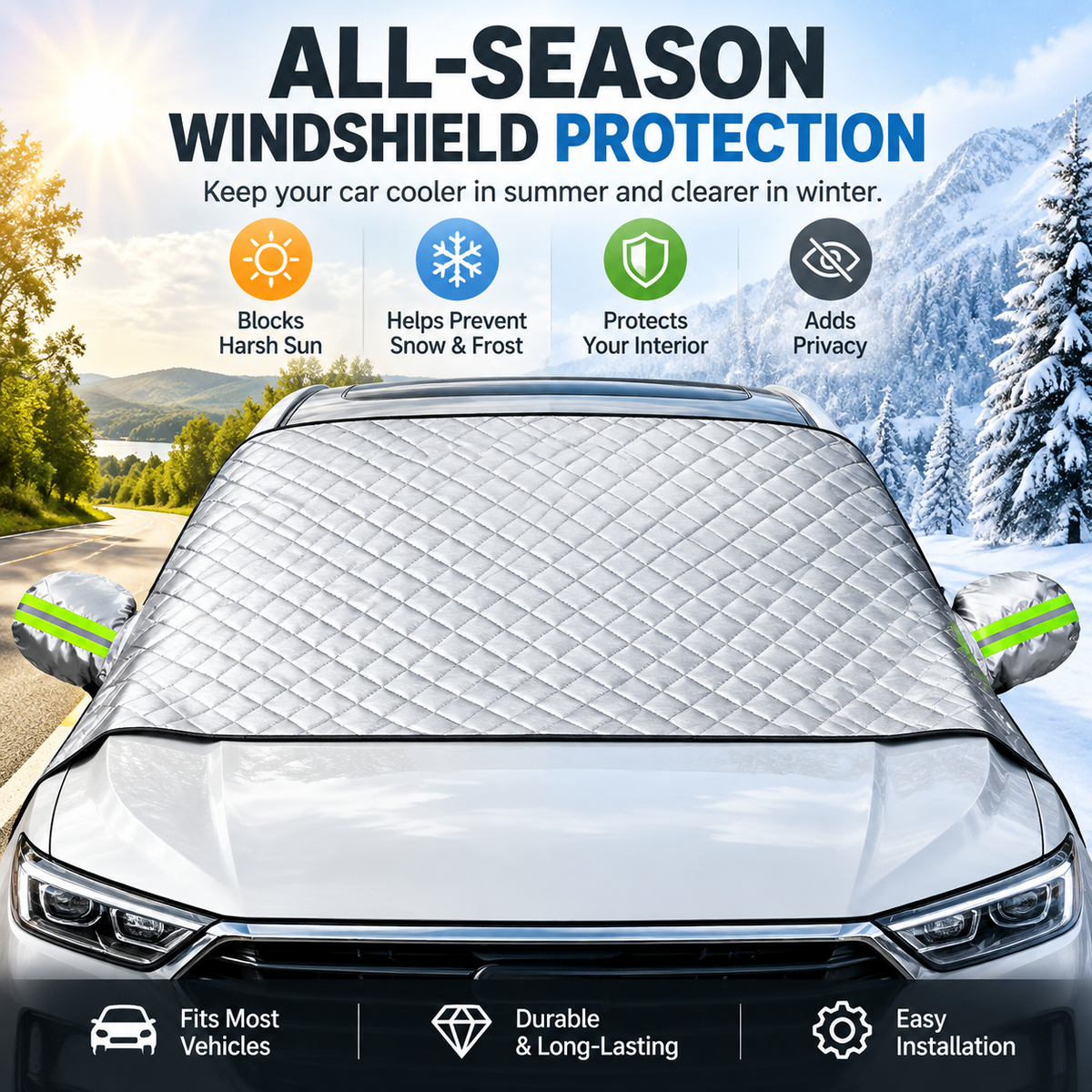 🚗 🚗 All-Season Magnetic Windshield Cover for Sun, Snow & Frost, Fits Cars, SUVs & Trucks