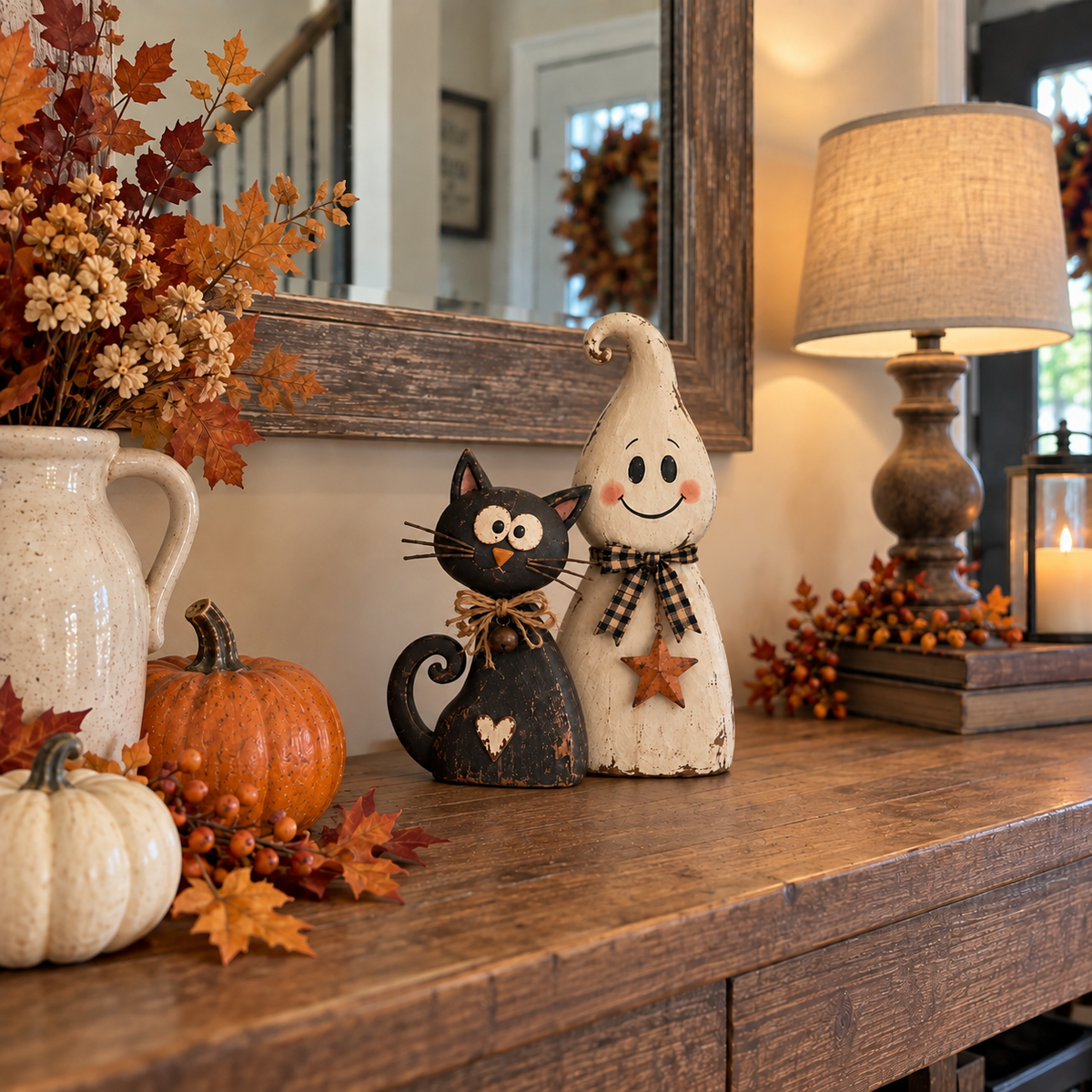 Vintage Ghost & Black Cat Halloween Figurine Set