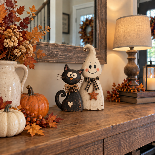 Vintage Ghost & Black Cat Halloween Figurine Set