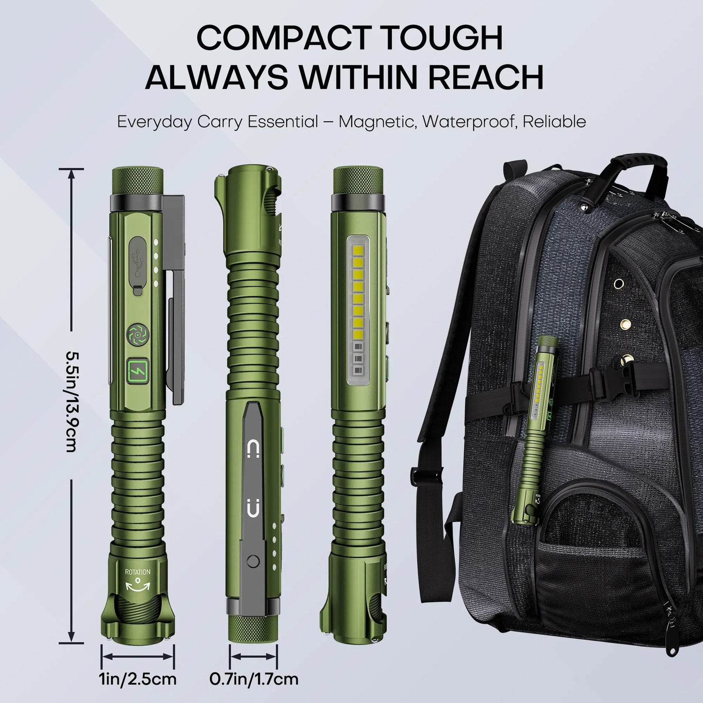 EDC Flashlight Rechargeable,800 Lumen Small Flashlight with Magnetic Clip & Base, 11 Modes LED Flashlight,Glass Breaker&Bottle Opener, USB-C Flashlight for Working,Home and Emergency