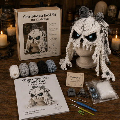 🎃 Halloween Monster Hood DIY Crochet Kit | Premium Soft Yarn Materials with Step-by-Step Guide DIY Handmade Wearable Character Hood 🧶🎭✨