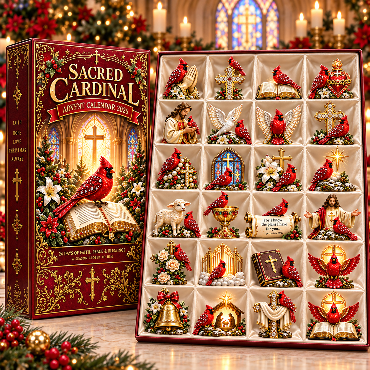 Sacred Cardinal calendar box and collection of 24 figurines